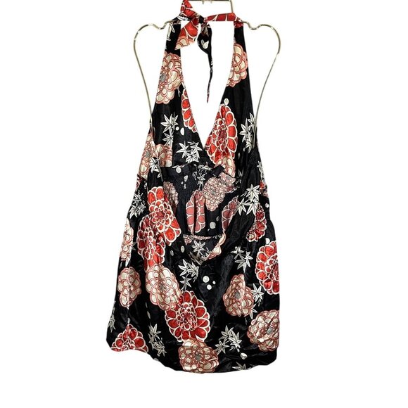 Retro Floral Halter Peplum Top L Black Artsy Funky Y2K Boho Western Colorful 80s - Picture 7 of 11